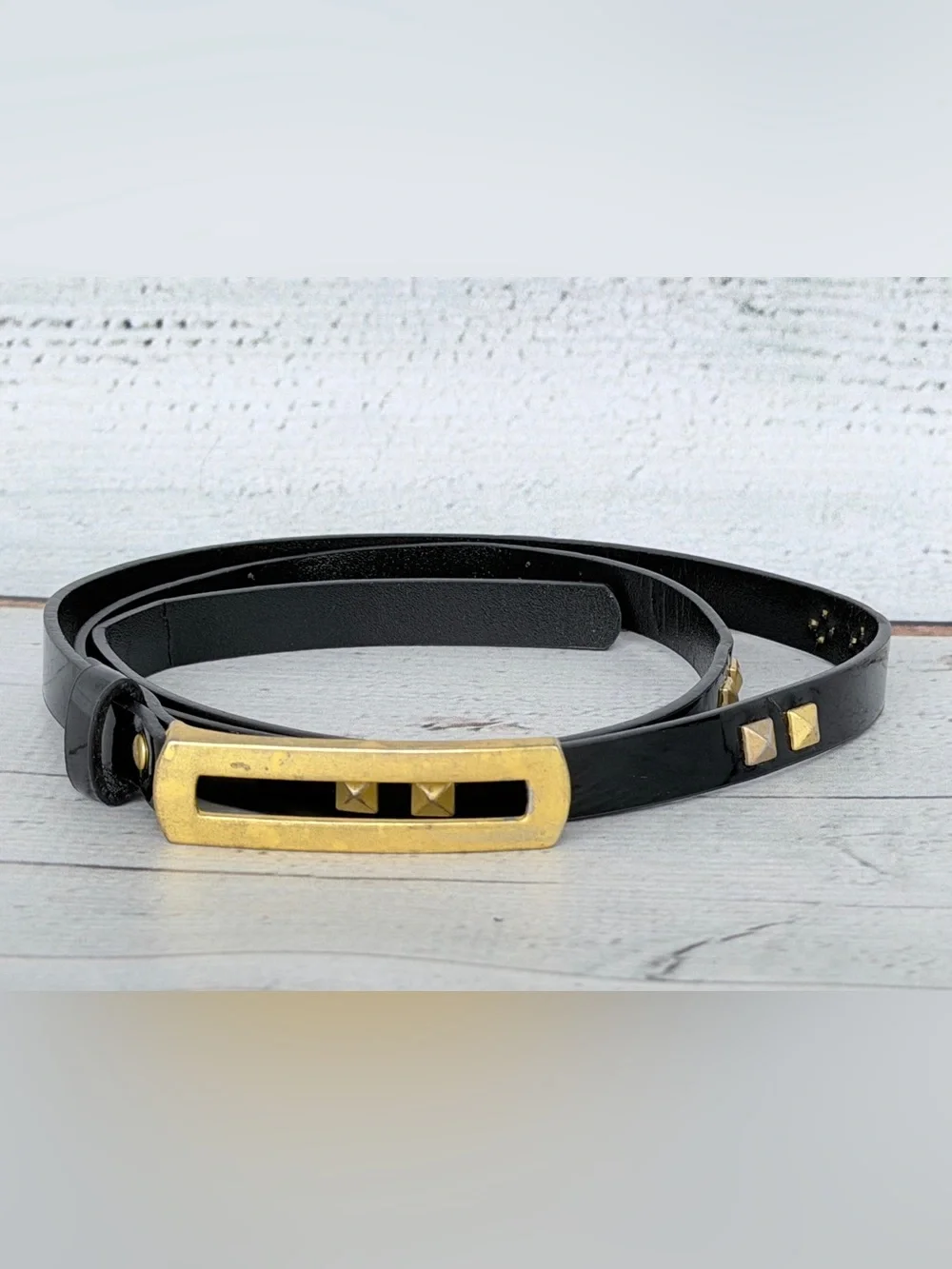 Women's Black Leather Belt with Gold Slide Buckle